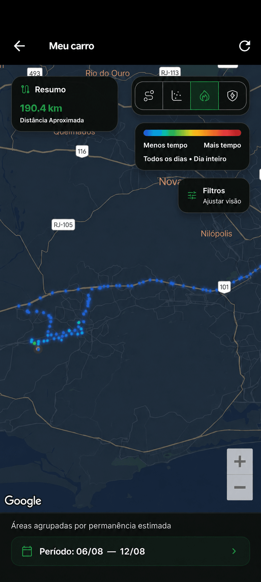 Tela real do Achô App com mapa de permanência e intensidade por cores